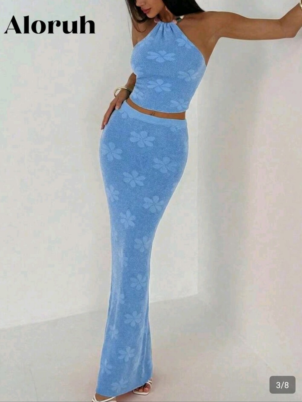Blue Floral Knit Maxi Skirt Set
